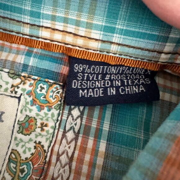 Rough Stock Panhandle Slim Shirt Mens Medium Pearl Snap Turquoise Brown Plaid - Picture 8 of 14